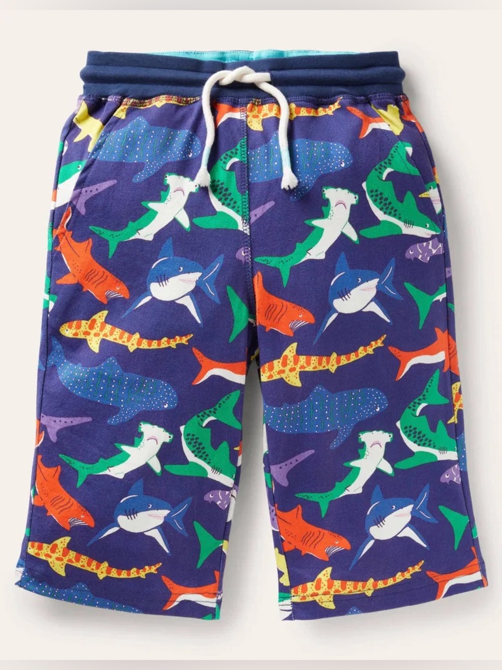 Mini Boden Boys Shark Print Pull On Jersey Shorts Navy Blue, Size 7
